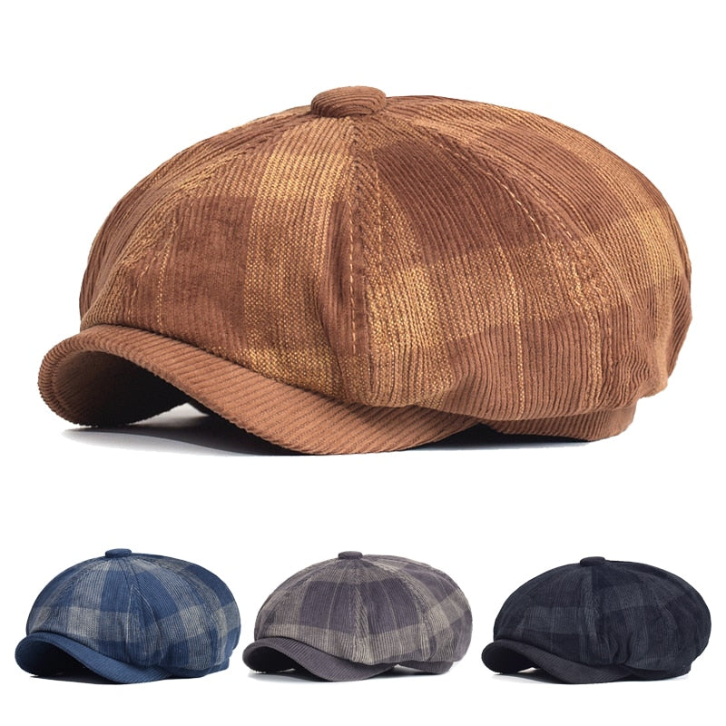 "NY" Plaid Newsboy Corduroy Cap